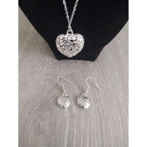 Silver Tone Heart Necklace and Earrings Set - New